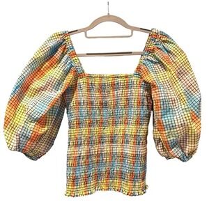 Ganni Seersucker Smocked Top Multicolor Excellent Puff Sleeve Plaid Womens Small